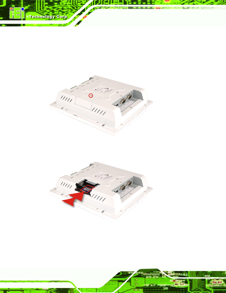 5 sd card installation, Nstallation, Figure 2-2: sd card slot cover location | Figure 2-3: sd card installation | IEI Integration ACT-457A User Manual | Page 24 / 67