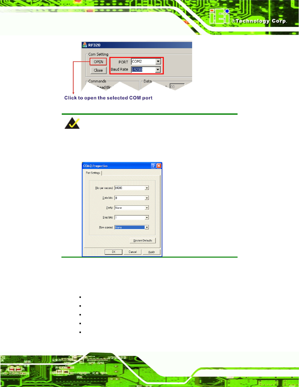 5 rf320 commands, Rf320, Ommands | Figure 3-2: rf320 com port settings | IEI Integration ACT-457A User Manual | Page 41 / 67