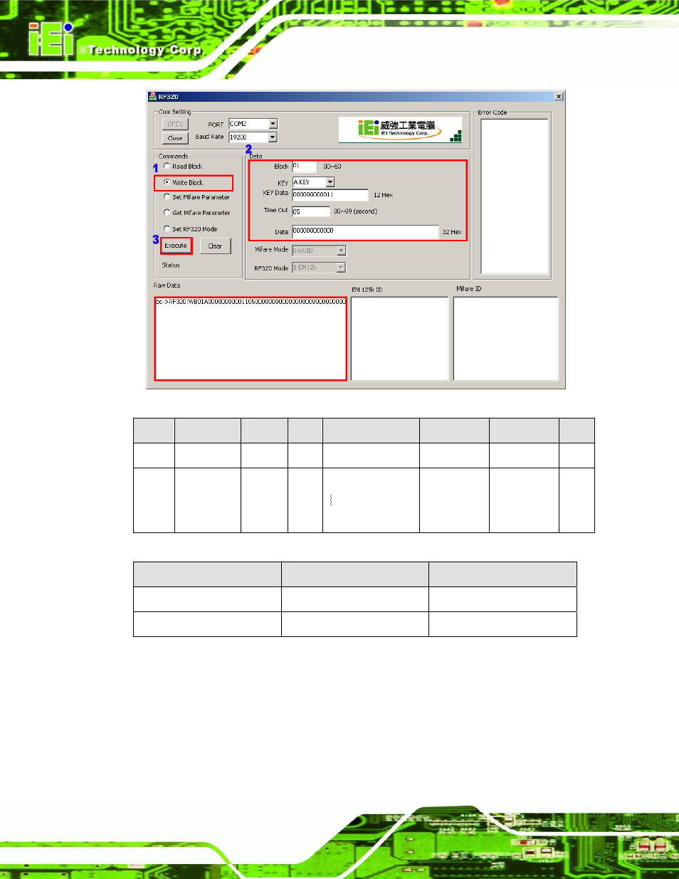 3 set mifare parameter, Figure 3-4: write block, Table 3-5: write block raw data format | Table 3-6: write block response format, Figure 3-3 ), Time out ( figure 3-3 ) | IEI Integration ACT-457A User Manual | Page 44 / 67
