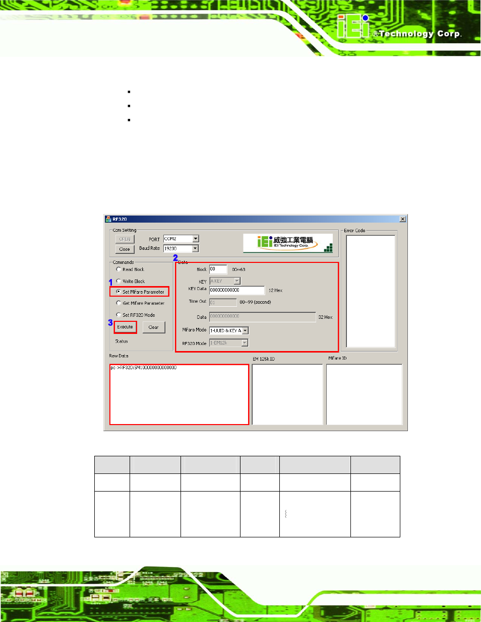 Figure 3-5: set mifare parameter, Table 3-7: set mifare parameter raw data format, Ed in table 3-3 and table 3-4 | IEI Integration ACT-457A User Manual | Page 45 / 67