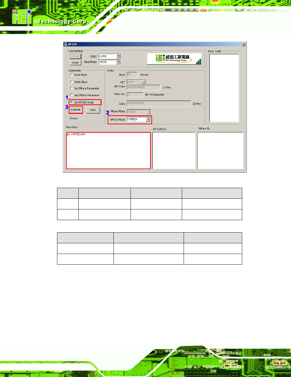 Figure 3-7: set rf-320 mode, Table 3-11: set rf320 mode raw data format, Table 3-12: set rf320 mode response format | And table 3-8 | IEI Integration ACT-457A User Manual | Page 48 / 67