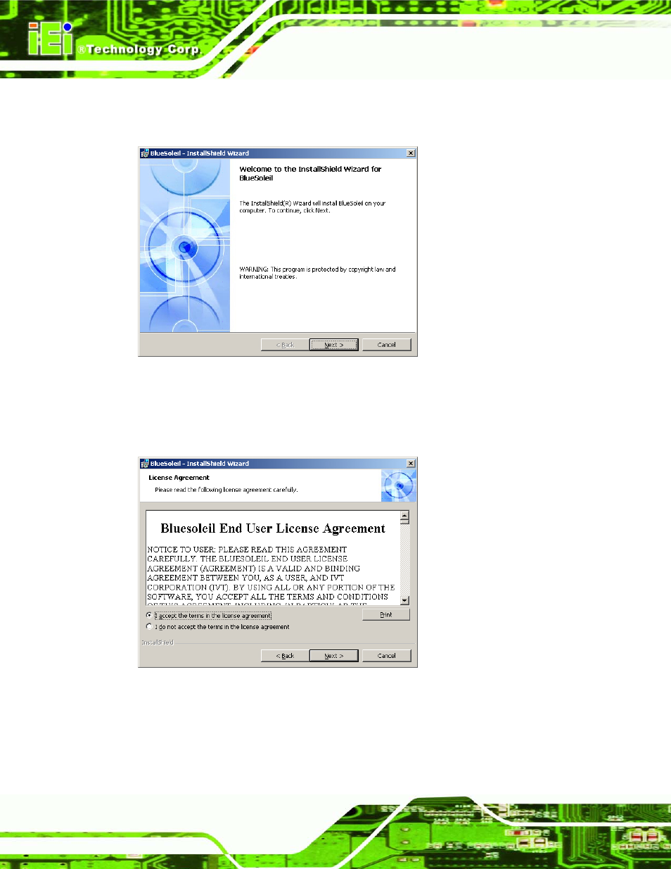 Figure 7-33: welcome screen, Figure 7-34: license agreement | IEI Integration AFL-4 series-N270 v1.05 User Manual | Page 138 / 165