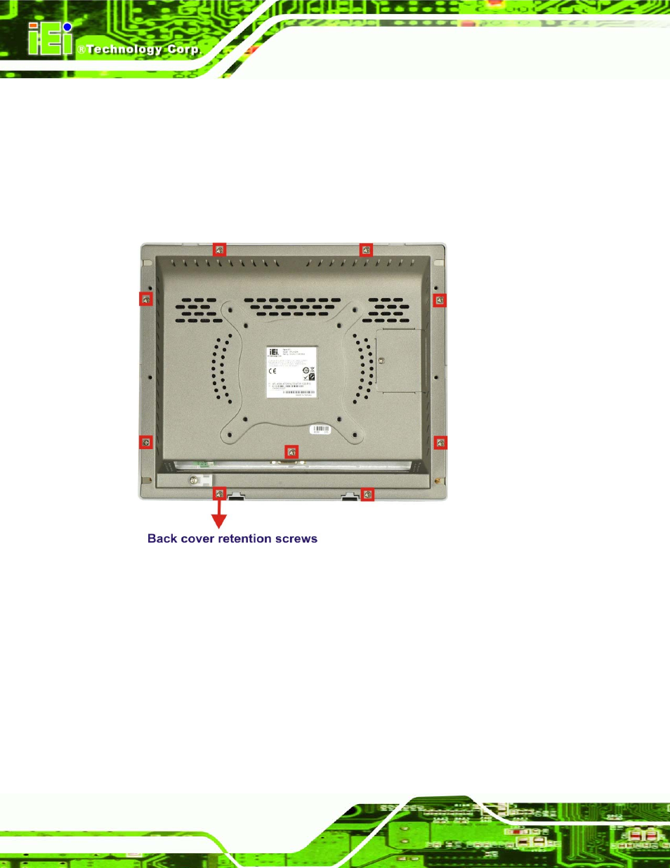 Emoving the, Anel, Nstallation | Figure 4-1: back cover retention screws, 5 removing the rear panel, 6 cf card installation | IEI Integration AFL-4 series-N270 v1.05 User Manual | Page 46 / 165