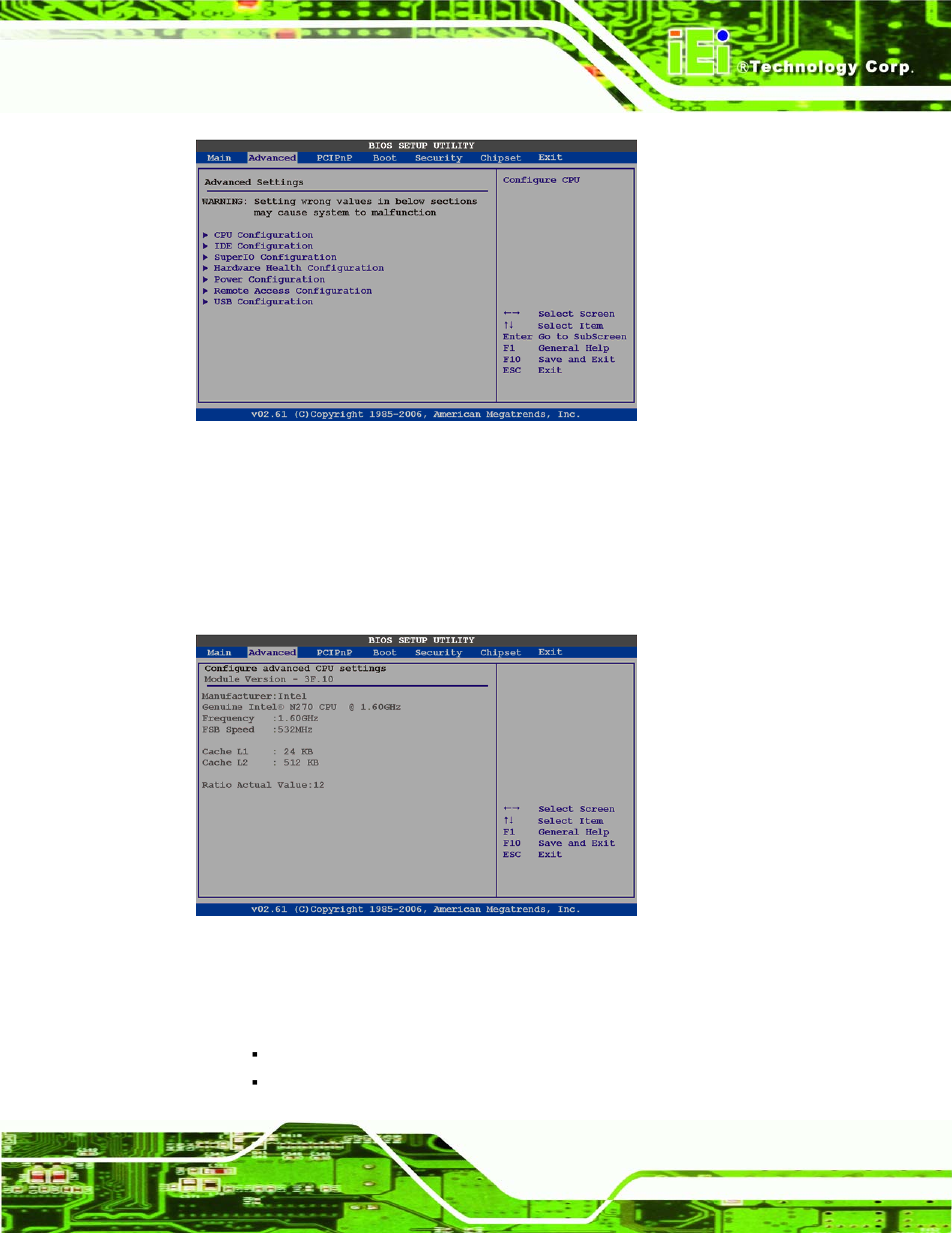 1 cpu configuration, Menu 2: advanced, Menu 3: cpu configuration | Section 6.3.1 ) | IEI Integration AFL-4 series-N270 v1.05 User Manual | Page 83 / 165