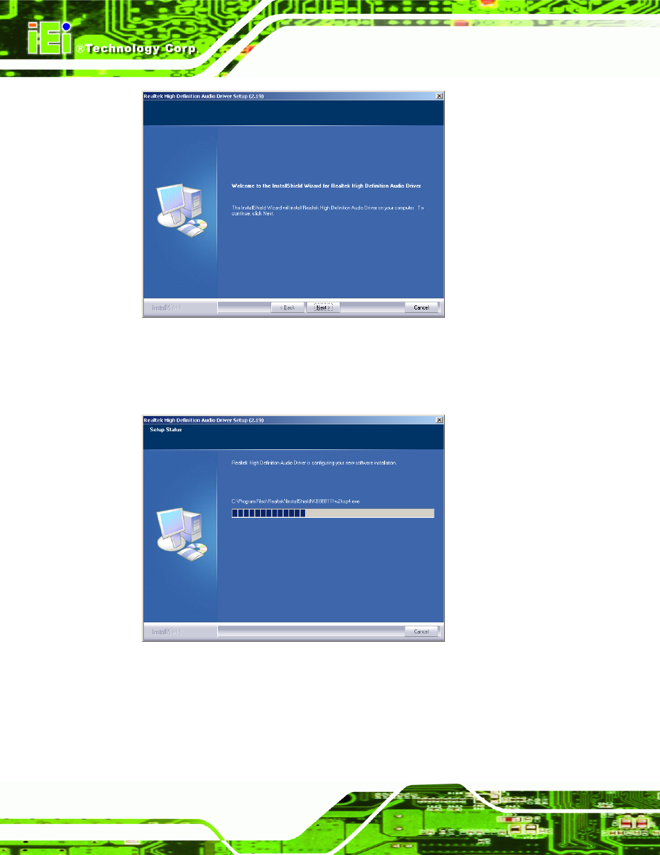 Figure 7-19: installshield wizard welcome screen, Figure 7-20: audio driver software configuration | IEI Integration AFL-4 series-N270 v2.10 User Manual | Page 128 / 166