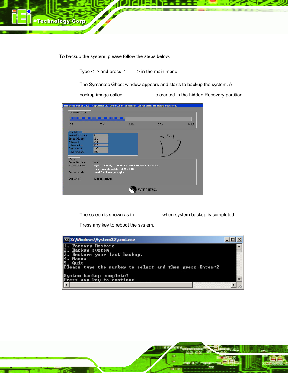 C.4.2 backup system, Figure c-29: backup system, Figure c-30: system backup complete window | IEI Integration AFL-W19A_W19B_17D_W15A-GM45 v1.06 User Manual | Page 122 / 138