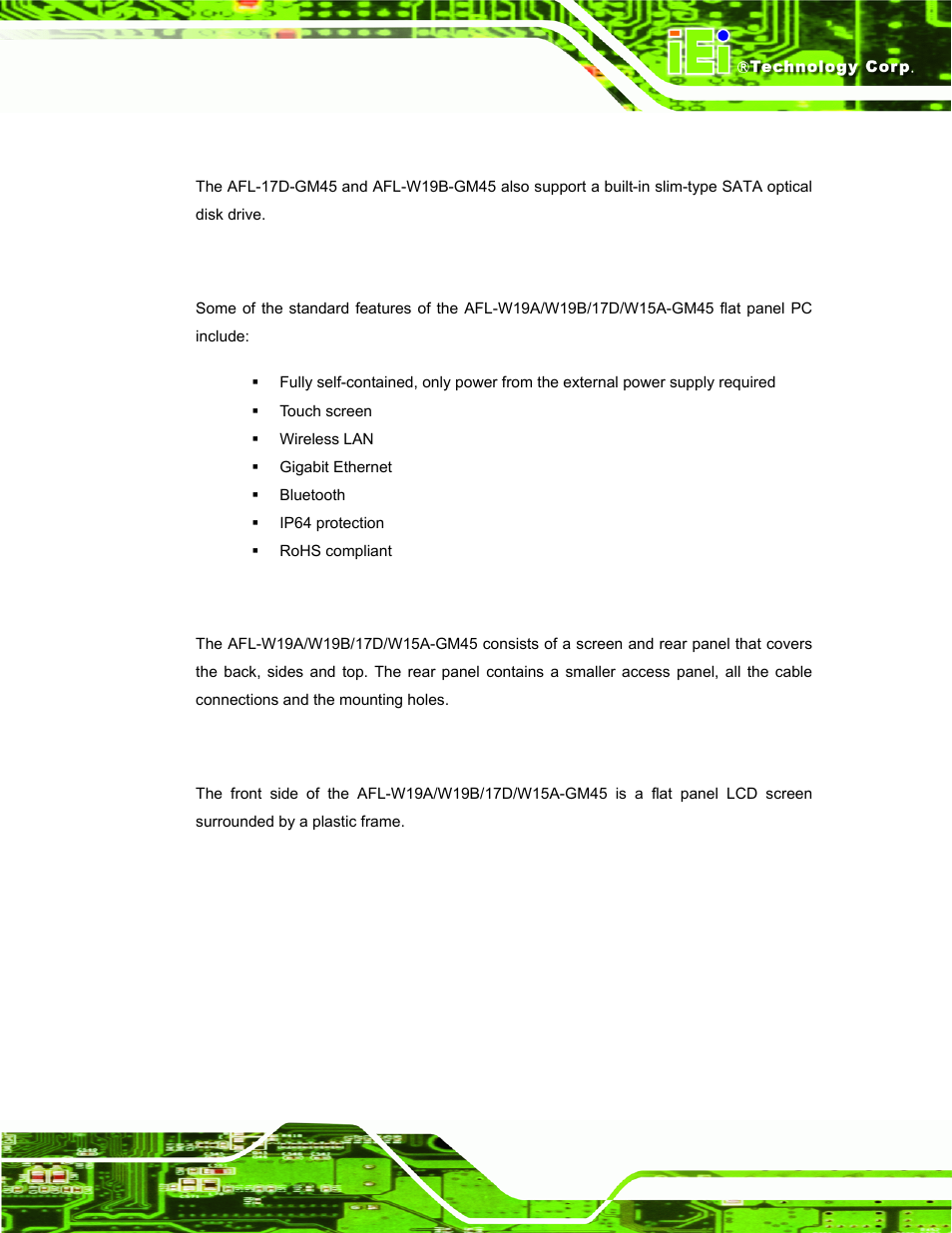 2 model variations, 3 features, 4 external overview | 1 front panel, Odel, Ariations, Eatures, Xternal, Verview | IEI Integration AFL-W19A_W19B_17D_W15A-GM45 v1.06 User Manual | Page 15 / 138