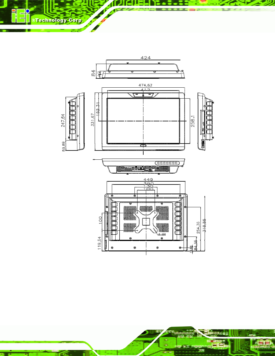 4 afl-w19b-gm45 dimensions, Figure 1-8: afl-w19b-gm45 dimensions (units in mm) | IEI Integration AFL-W19A_W19B_17D_W15A-GM45 v1.06 User Manual | Page 22 / 138