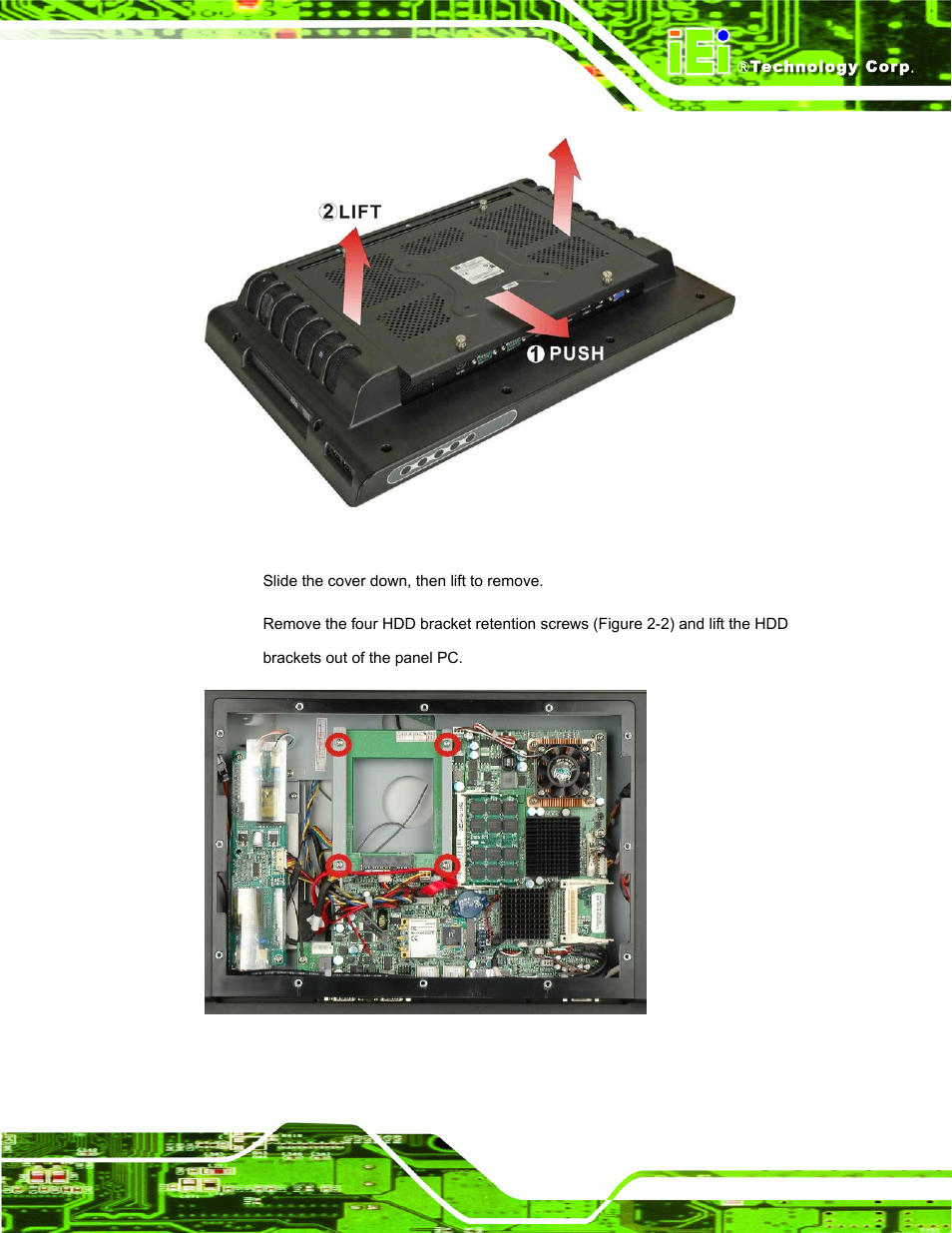 Figure 2-1: aluminum back cover retention screws, Figure 2-2: hdd bracket retention screws | IEI Integration AFL-W19A_W19B_17D_W15A-GM45 v1.06 User Manual | Page 27 / 138