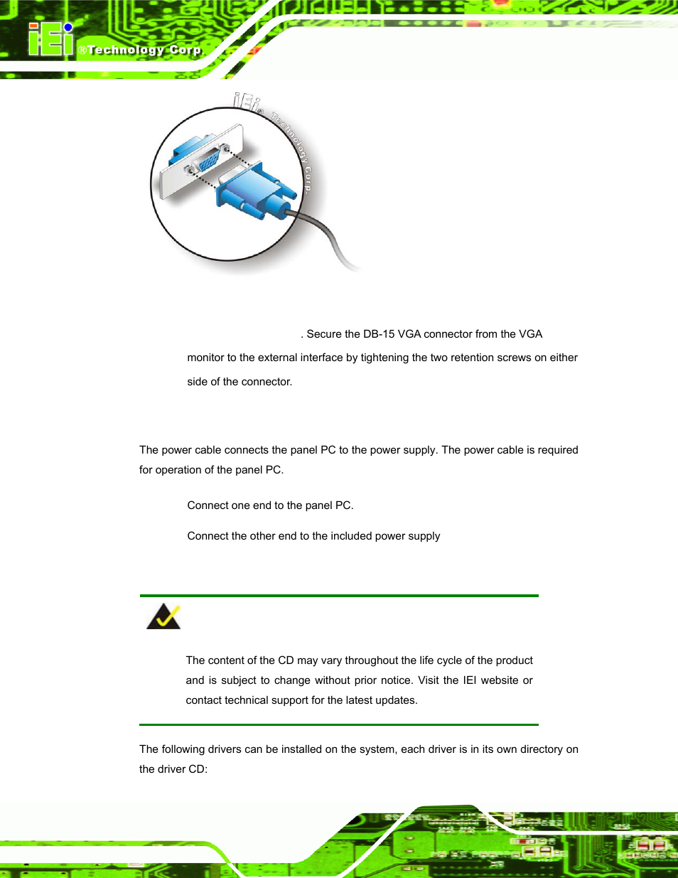 8 power connection, 9 driver installation, Ower | Onnection, River, Nstallation, Figure 2-11: vga connector | IEI Integration AFL-W19A_W19B_17D_W15A-GM45 v1.06 User Manual | Page 38 / 138