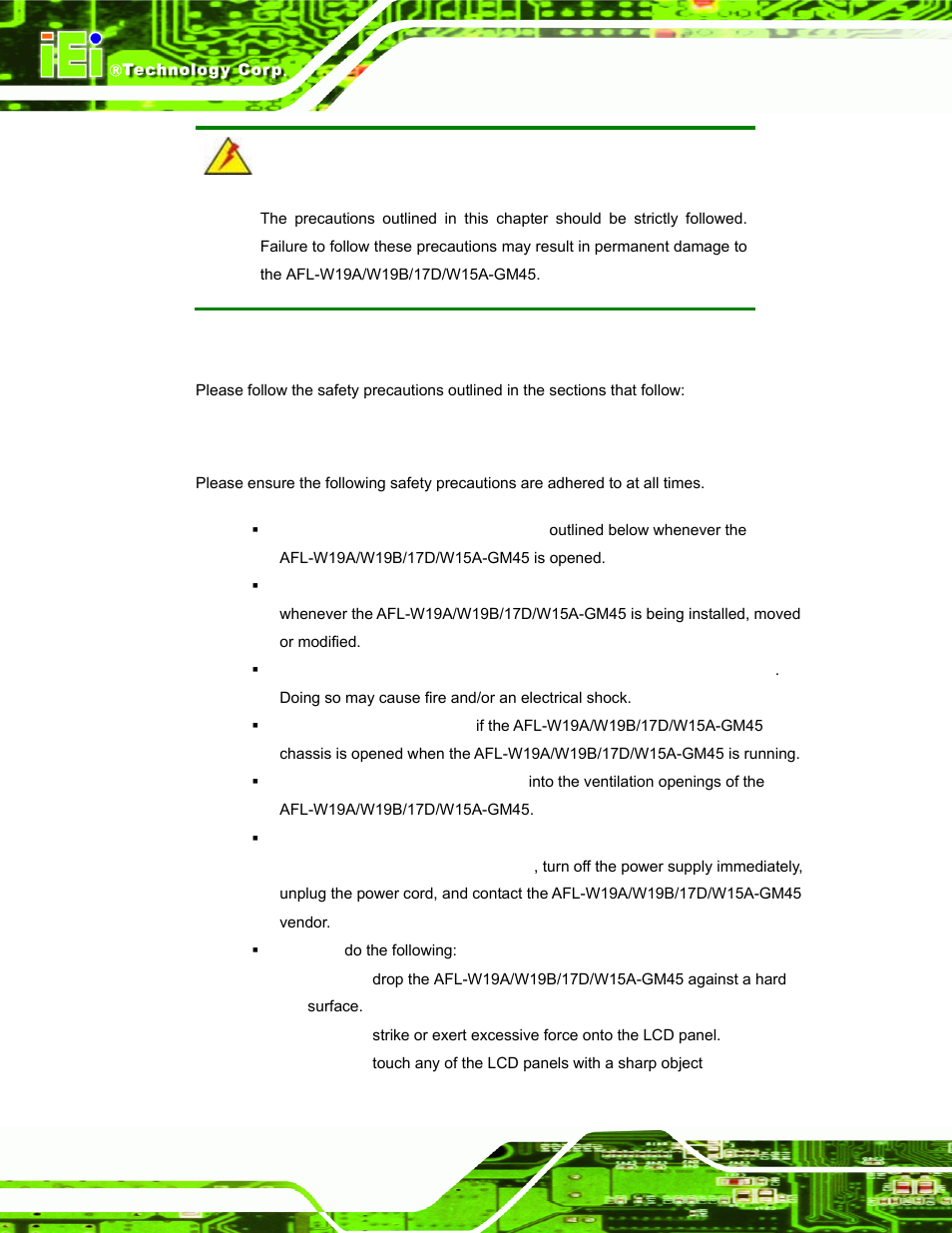 A.1 safety precautions, A.1.1 general safety precautions, Afety | Recautions | IEI Integration AFL-W19A_W19B_17D_W15A-GM45 v1.06 User Manual | Page 92 / 138