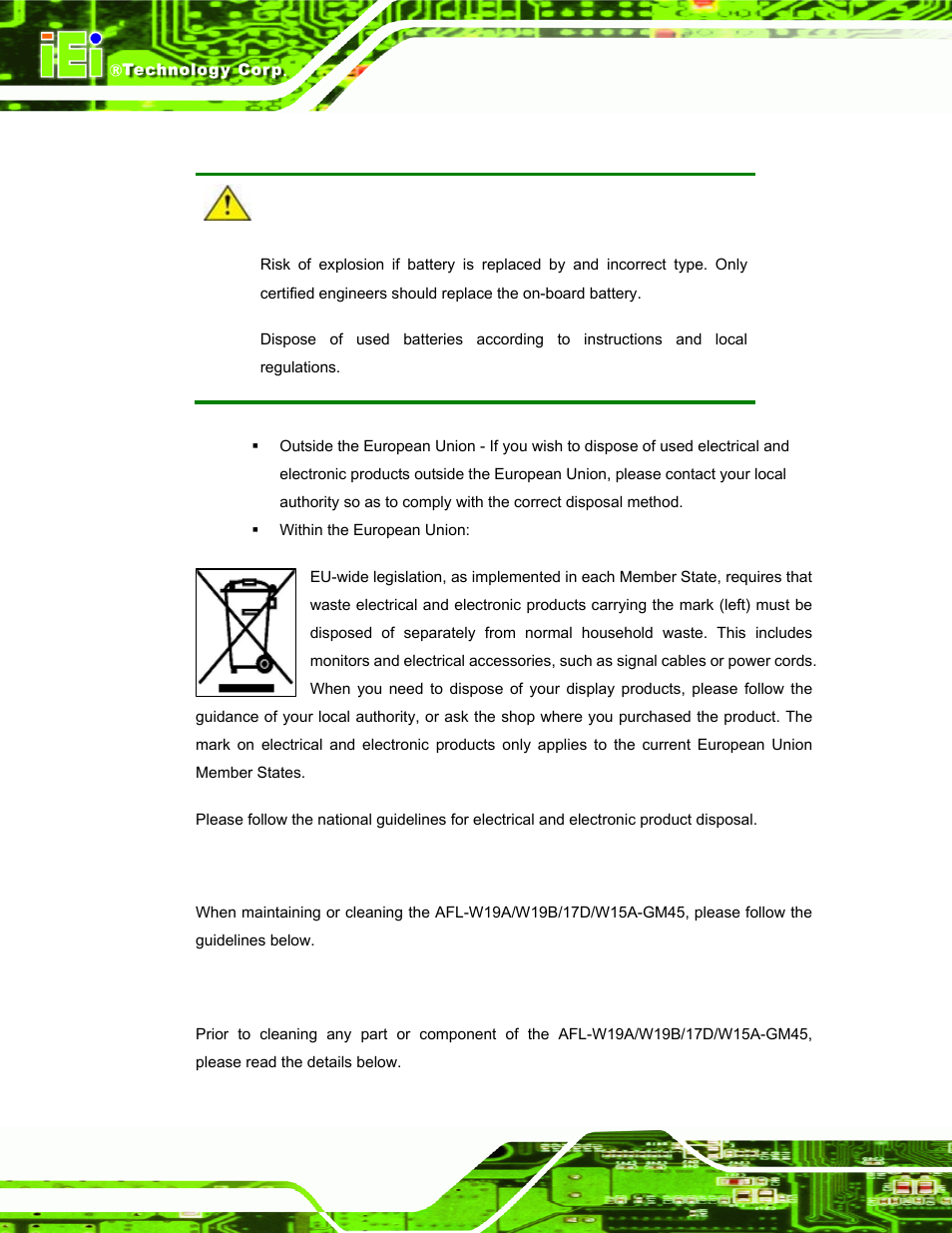A.1.3 product disposal, A.2 maintenance and cleaning precautions, A.2.1 maintenance and cleaning | Aintenance and, Leaning, Recautions | IEI Integration AFL-W19A_W19B_17D_W15A-GM45 v1.06 User Manual | Page 94 / 138