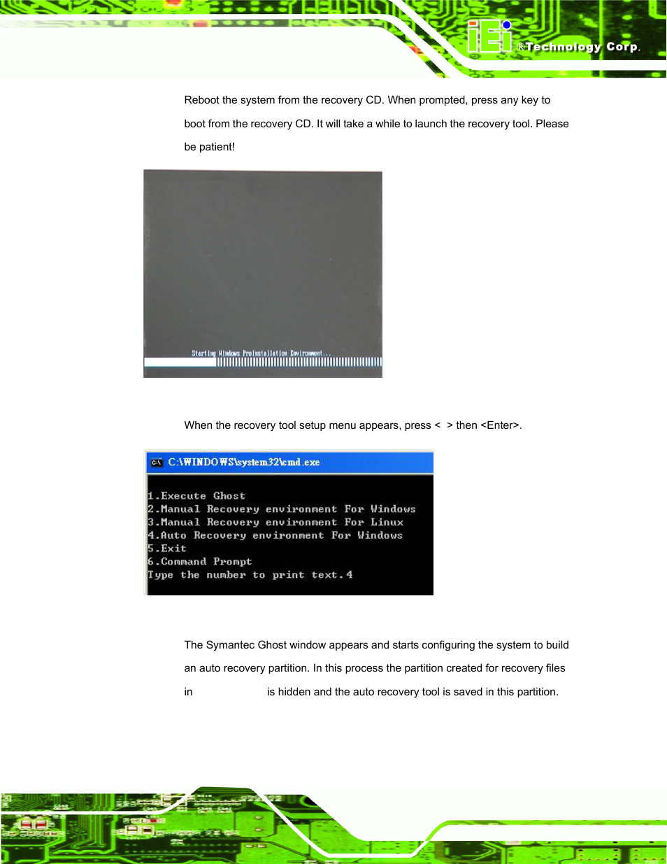 Figure c-24: launching the recovery tool, Figure c-25: auto recovery environment for windows | IEI Integration AFL-W19A_W19B_17D_W15A-GM45 v2.20 User Manual | Page 118 / 151