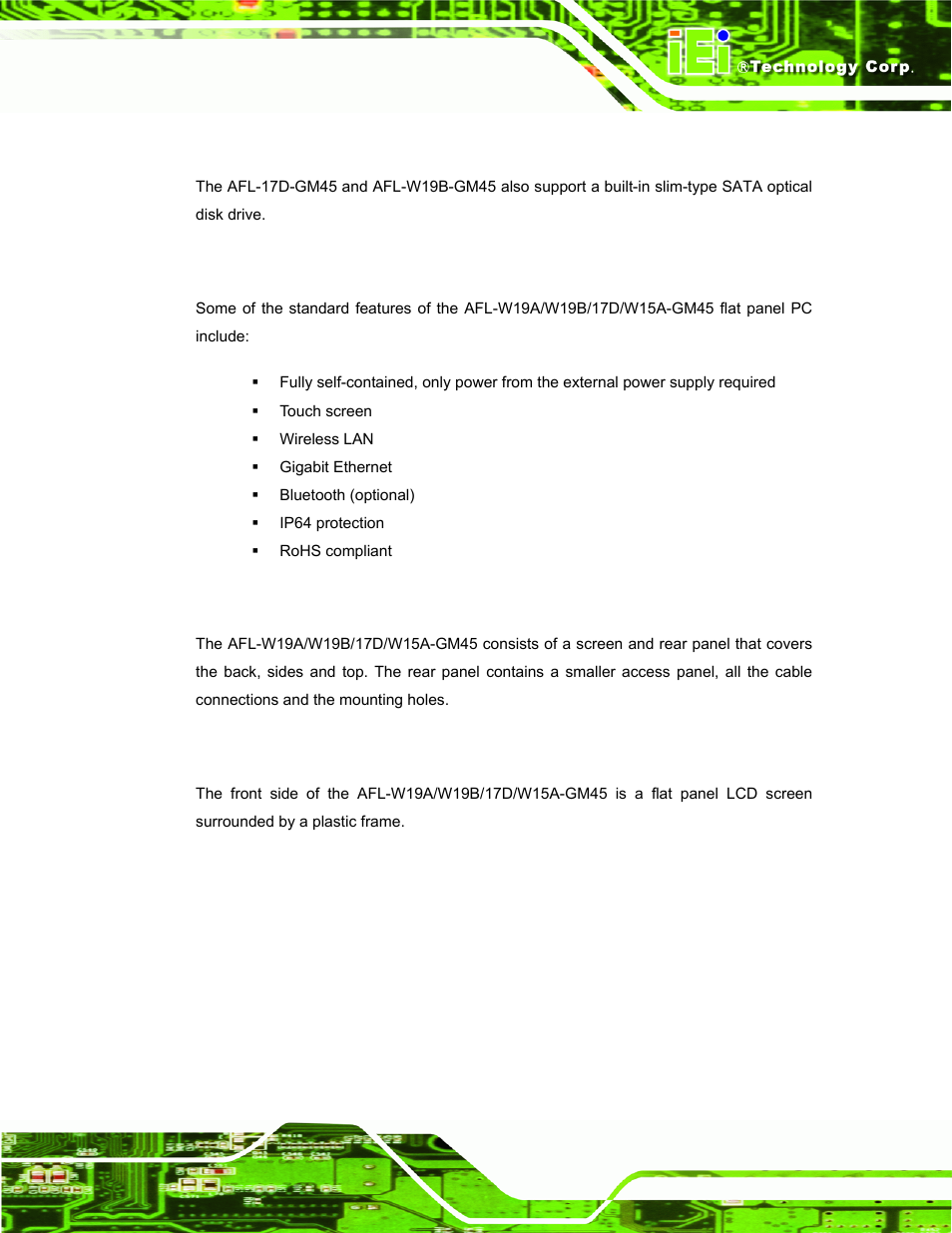 2 model variations, 3 features, 4 external overview | 1 front panel, Odel, Ariations, Eatures, Xternal, Verview | IEI Integration AFL-W19A_W19B_17D_W15A-GM45 v2.20 User Manual | Page 14 / 151