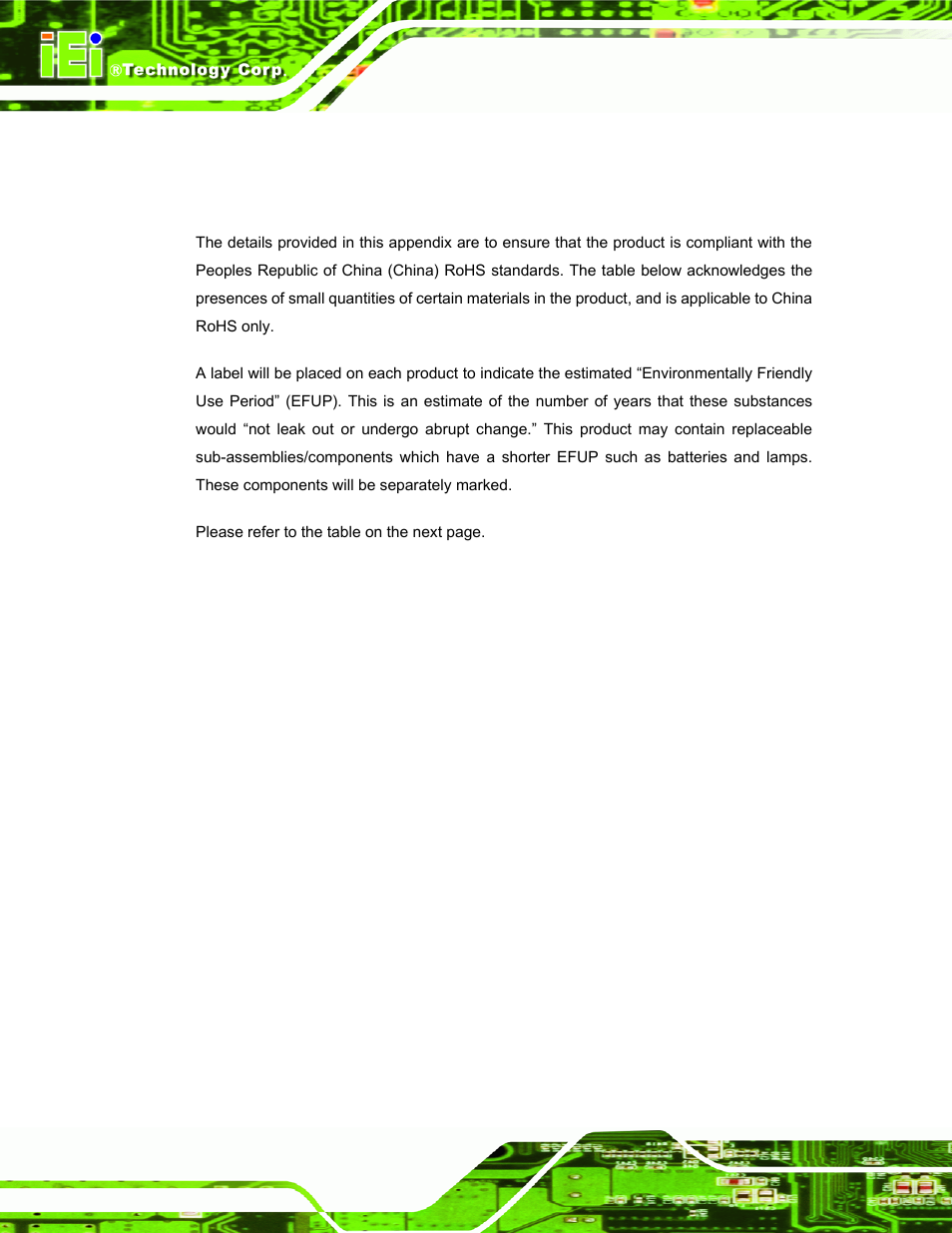 Azardous, Aterials, Isclosure | Able, Roducts, Ertified as, Ompliant, Nder, 2002/95/ec, Ithout | IEI Integration AFL-W19A_W19B_17D_W15A-GM45 v2.20 User Manual | Page 149 / 151