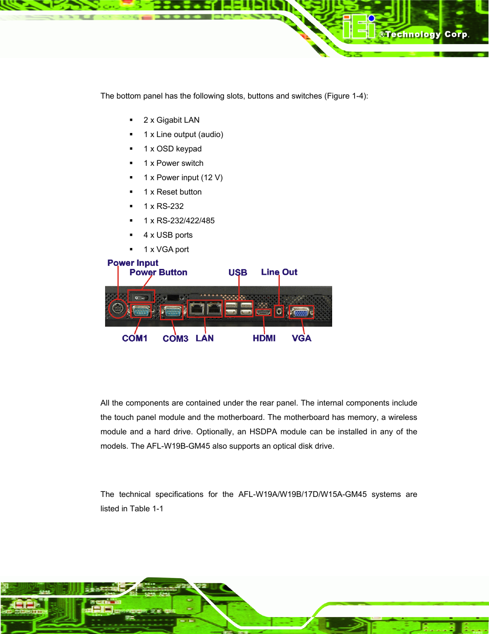 3 bottom panel, 5 internal overview, 6 specifications | Nternal, Verview, Pecifications, Figure 1-4: bottom panel, Figure 1-3, Figure 1-3: rear panel | IEI Integration AFL-W19A_W19B_17D_W15A-GM45 v2.20 User Manual | Page 16 / 151