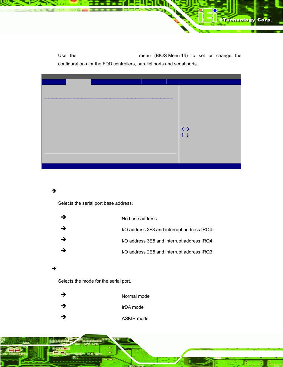 8 super io configuration, Bios menu 14: super io configuration | IEI Integration AFL-W19A_W19B_17D_W15A-GM45 v2.20 User Manual | Page 66 / 151