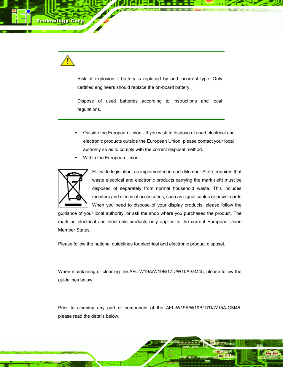 A.1.3 product disposal, A.2 maintenance and cleaning precautions, A.2.1 maintenance and cleaning | Aintenance and, Leaning, Recautions | IEI Integration AFL-W19A_W19B_17D_W15A-GM45 v2.20 User Manual | Page 93 / 151