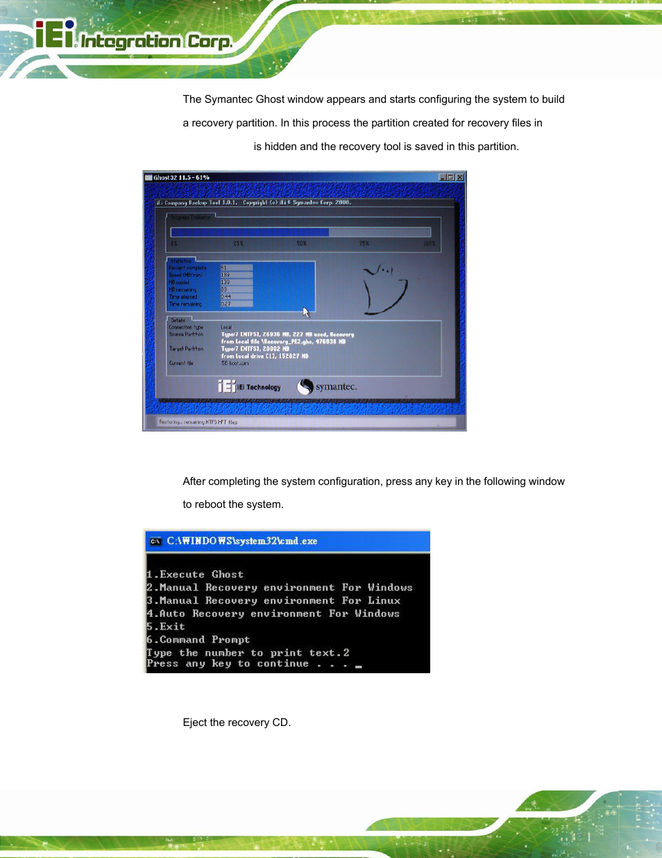 Figure c-8: building the recovery partition, Figure c-9: press any key to continue | IEI Integration AFL-W15A_17D-GM45 v3.00 User Manual | Page 107 / 148