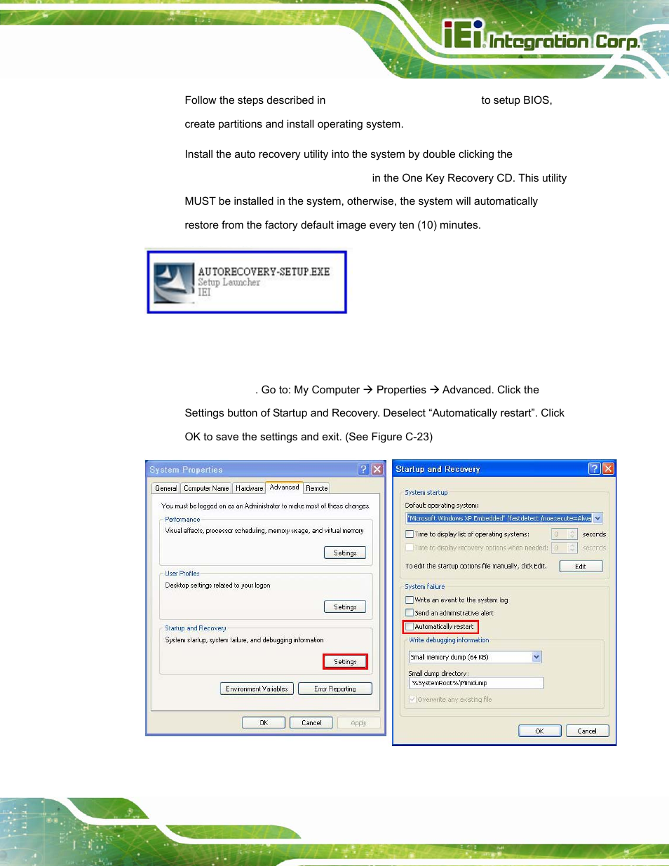 Figure c-22: auto recovery utility, Figure c-23: disable automatically restart | IEI Integration AFL-W15A_17D-GM45 v3.00 User Manual | Page 114 / 148