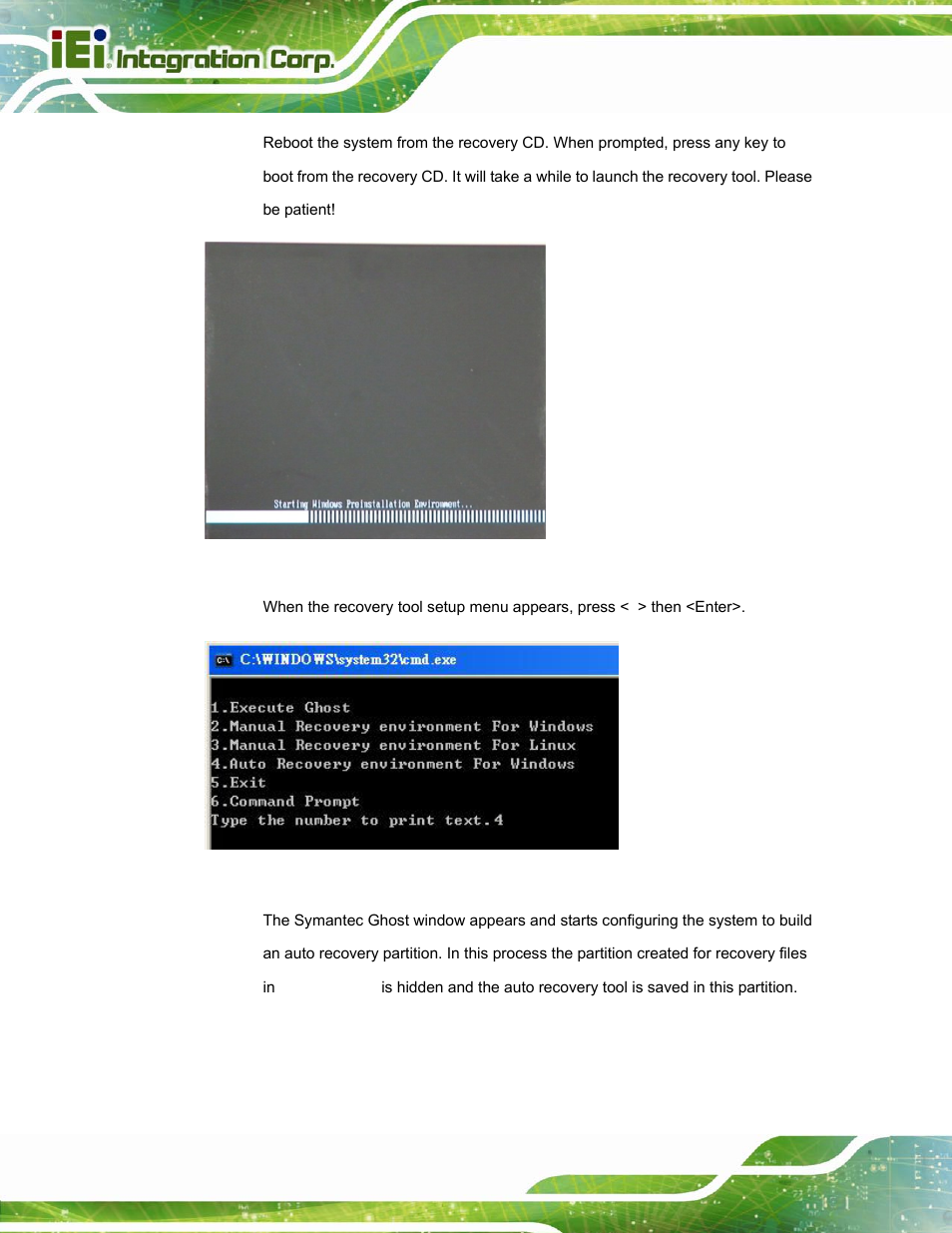 Figure c-24: launching the recovery tool, Figure c-25: auto recovery environment for windows | IEI Integration AFL-W15A_17D-GM45 v3.00 User Manual | Page 115 / 148