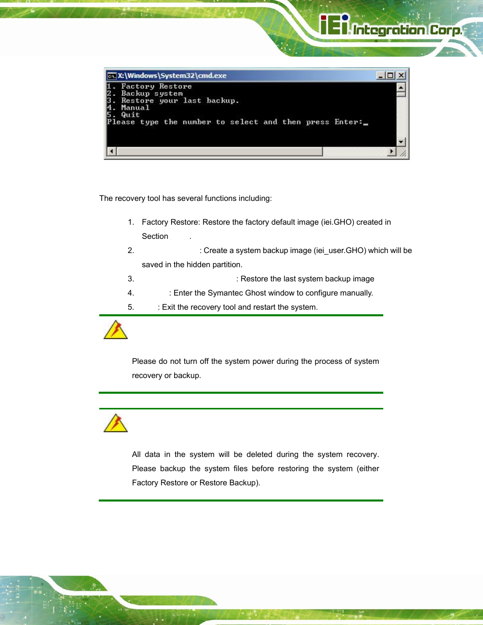 Figure c-34: recovery tool main menu | IEI Integration AFL-W15A_17D-GM45 v3.00 User Manual | Page 122 / 148