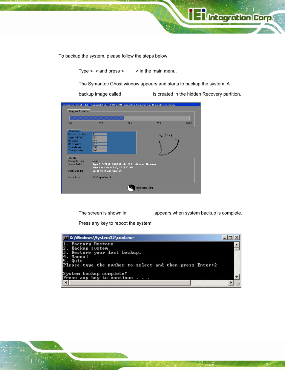 C.5.2 backup system, Figure c-37: backup system, Figure c-38: system backup complete window | IEI Integration AFL-W15A_17D-GM45 v3.00 User Manual | Page 124 / 148