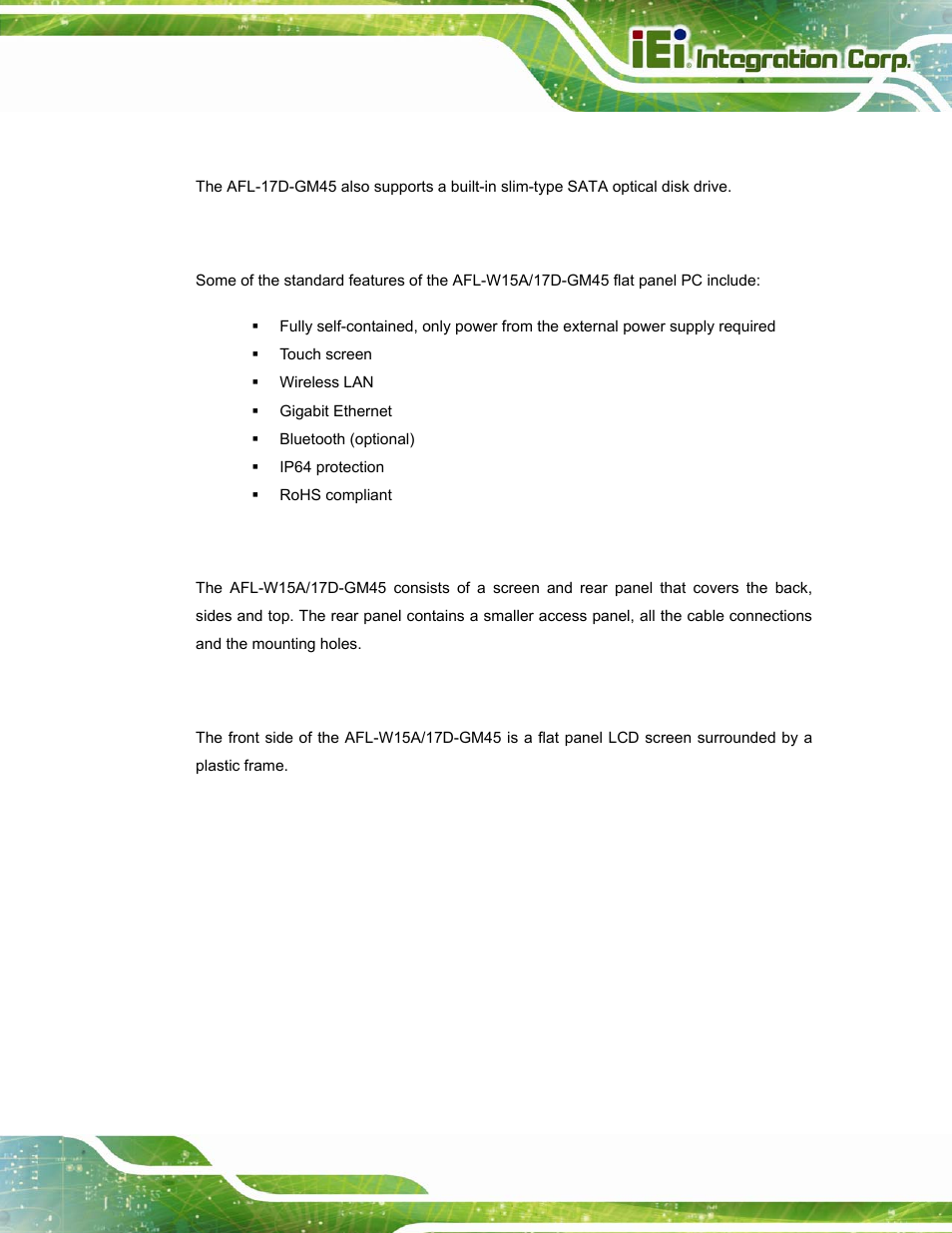 2 model variations, 3 features, 4 external overview | 1 front panel, Odel, Ariations, Eatures, Xternal, Verview | IEI Integration AFL-W15A_17D-GM45 v3.00 User Manual | Page 14 / 148