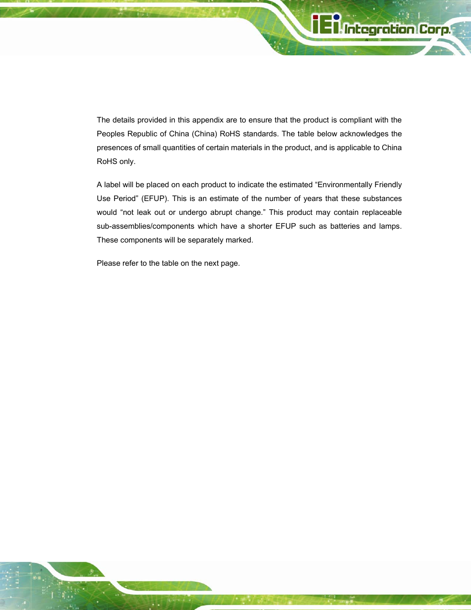 Azardous, Aterials, Isclosure | Able, Roducts, Ertified as, Ompliant, Nder, 2002/95/ec, Ithout | IEI Integration AFL-W15A_17D-GM45 v3.00 User Manual | Page 146 / 148