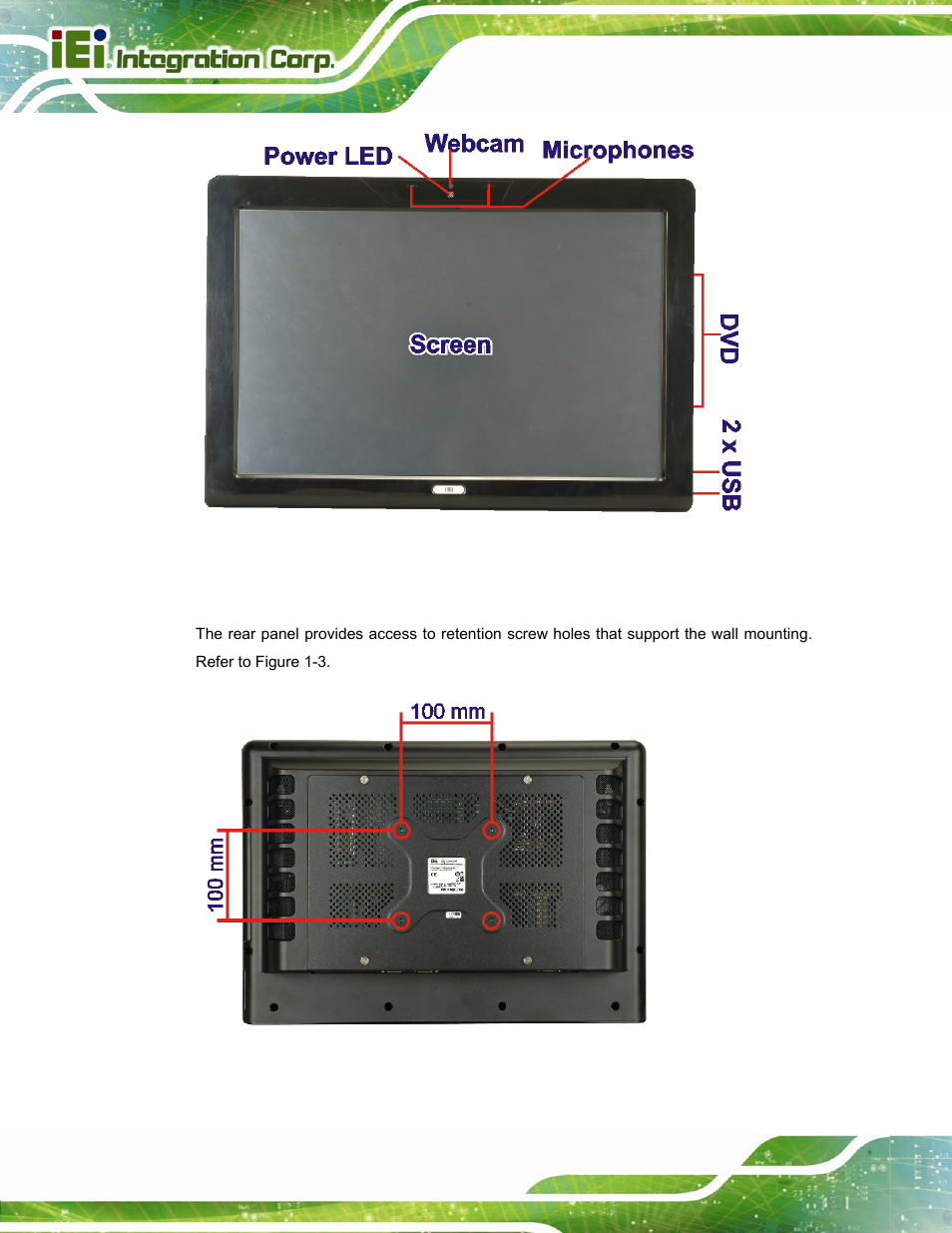 2 rear panel, Figure 1-2: front panel, Figure 1-3: rear panel | IEI Integration AFL-W15A_17D-GM45 v3.00 User Manual | Page 15 / 148