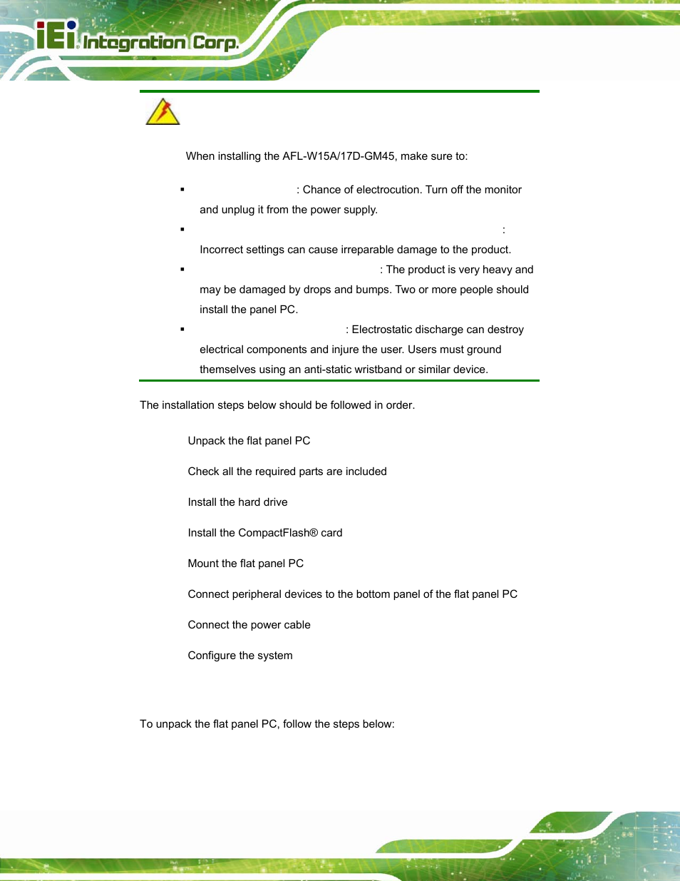 1 unpack the panel pc, Npack the, Anel | IEI Integration AFL-W15A_17D-GM45 v3.00 User Manual | Page 21 / 148