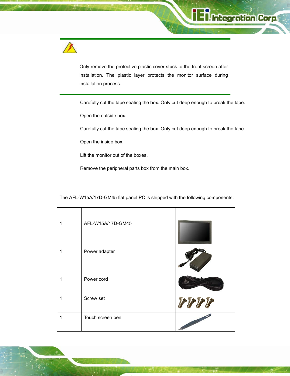 2 packing list, Acking | IEI Integration AFL-W15A_17D-GM45 v3.00 User Manual | Page 22 / 148