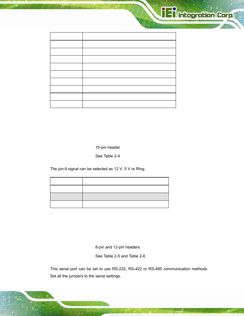 2 com3 pin-9 setup, 3 com3 rs-232/422/485 setup, Table 2-3: com1 pinouts | Table 2-4: com3 pin-9 setup | IEI Integration AFL-W15A_17D-GM45 v3.00 User Manual | Page 28 / 148