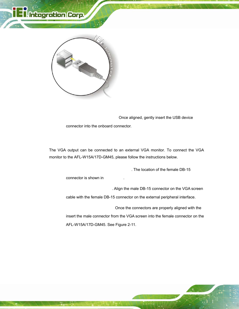 4 vga monitor connection, Figure 2-10: usb device connection | IEI Integration AFL-W15A_17D-GM45 v3.00 User Manual | Page 33 / 148