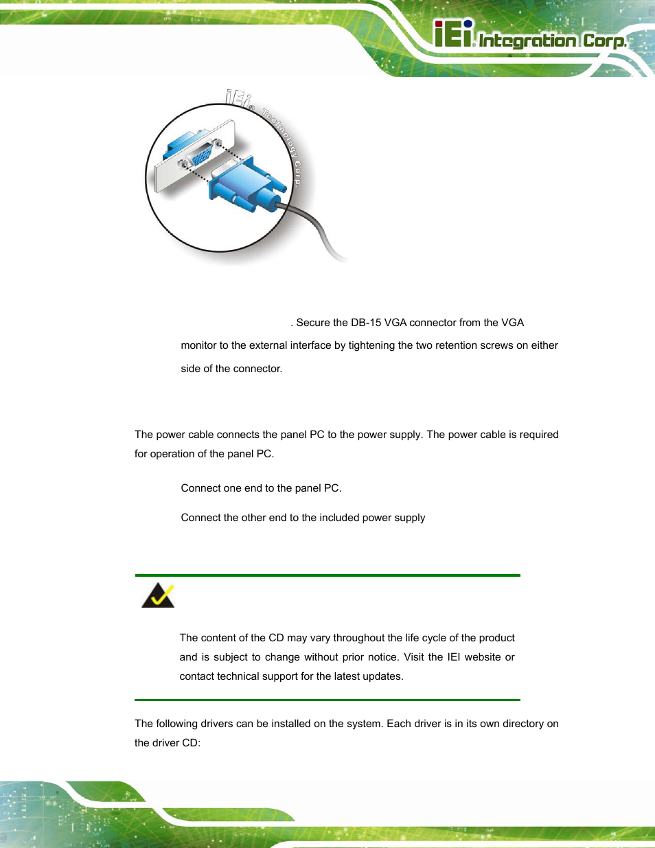 8 power connection, 9 driver installation, Ower | Onnection, River, Nstallation, Figure 2-11: vga connector | IEI Integration AFL-W15A_17D-GM45 v3.00 User Manual | Page 34 / 148