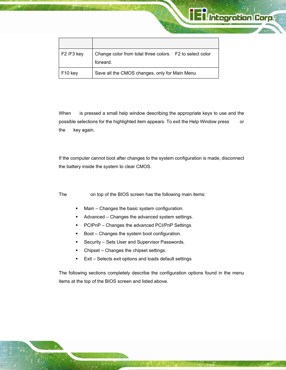 3 getting help, 4 unable to reboot after configuration changes, 5 bios menu bar | Table 3-1: bios navigation keys | IEI Integration AFL-W15A_17D-GM45 v3.00 User Manual | Page 38 / 148