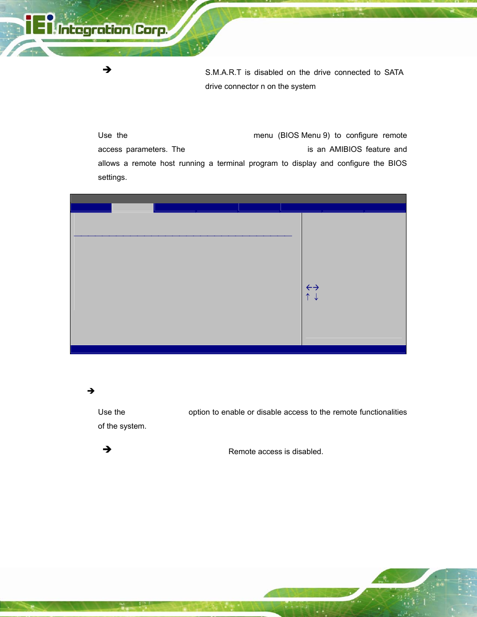 5 remote access configuration, Bios menu 9: remote access configuration | IEI Integration AFL-W15A_17D-GM45 v3.00 User Manual | Page 53 / 148