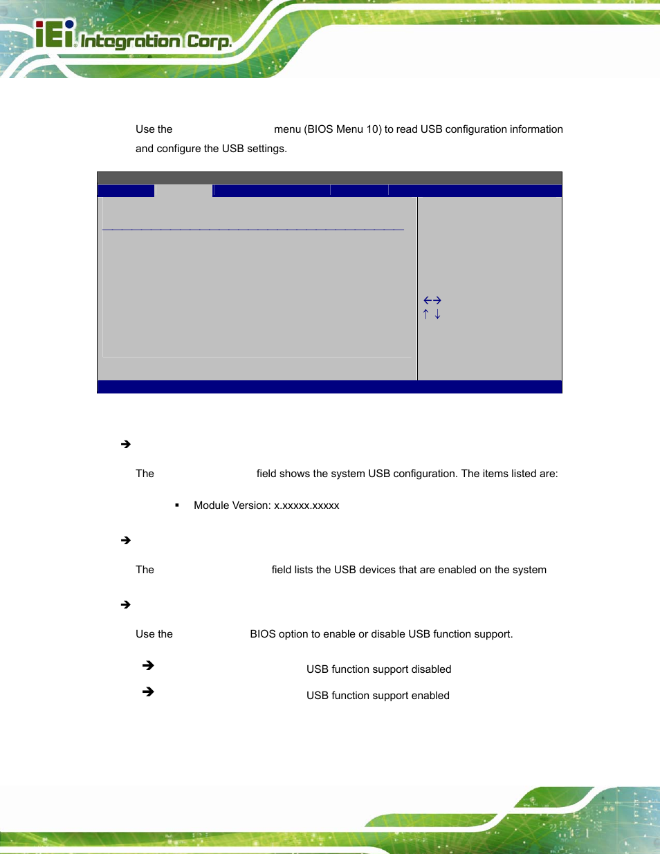 6 usb configuration, Bios menu 10: usb configuration | IEI Integration AFL-W15A_17D-GM45 v3.00 User Manual | Page 57 / 148