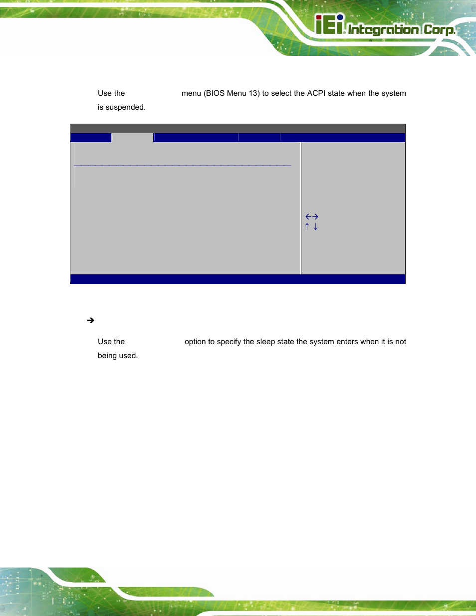 1 acpi settings, Bios menu 13: acpi settings | IEI Integration AFL-W15A_17D-GM45 v3.00 User Manual | Page 62 / 148