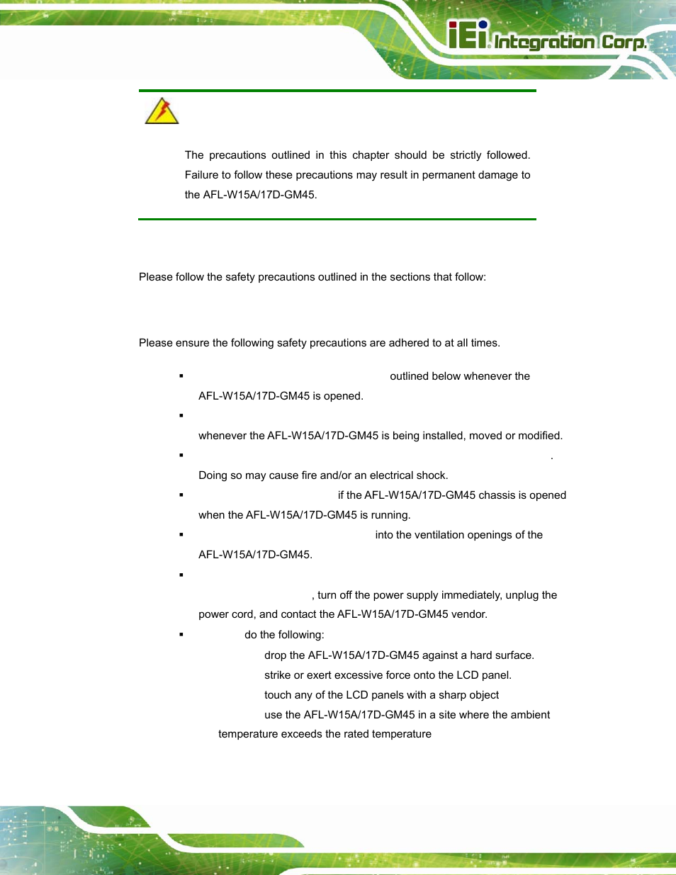 A.1 safety precautions, A.1.1 general safety precautions, Afety | Recautions | IEI Integration AFL-W15A_17D-GM45 v3.00 User Manual | Page 88 / 148