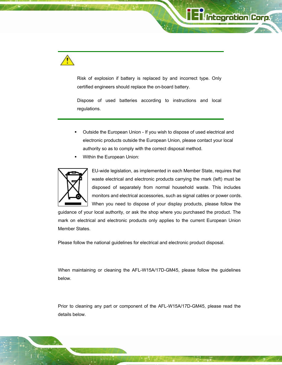 A.1.3 product disposal, A.2 maintenance and cleaning precautions, A.2.1 maintenance and cleaning | Aintenance and, Leaning, Recautions | IEI Integration AFL-W15A_17D-GM45 v3.00 User Manual | Page 90 / 148