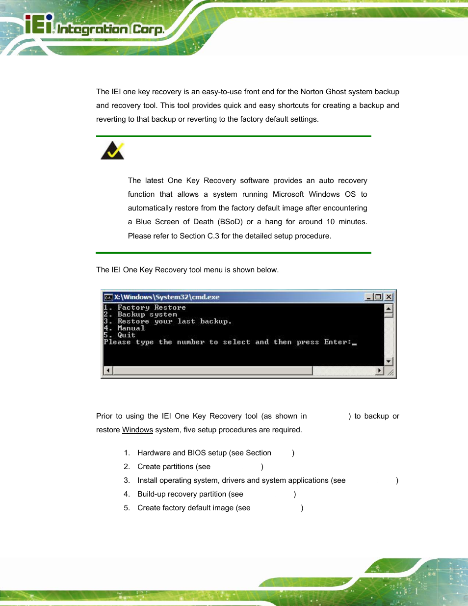 C.1 one key recovery introduction, Ecovery, Ntroduction | Figure c-1: iei one key recovery tool menu | IEI Integration AFL-W15A_17D-GM45 v3.00 User Manual | Page 97 / 148