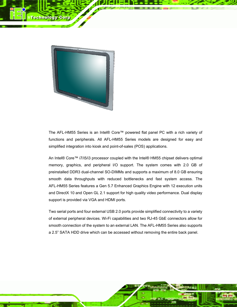 1 afl-hm55 series flat panel pc overview, Afl-hm55, Eries | Anel, Verview, Figure 1-1: afl-hm55 series flat panel pc | IEI Integration AFL-19i-HM55 v1.01 User Manual | Page 14 / 139