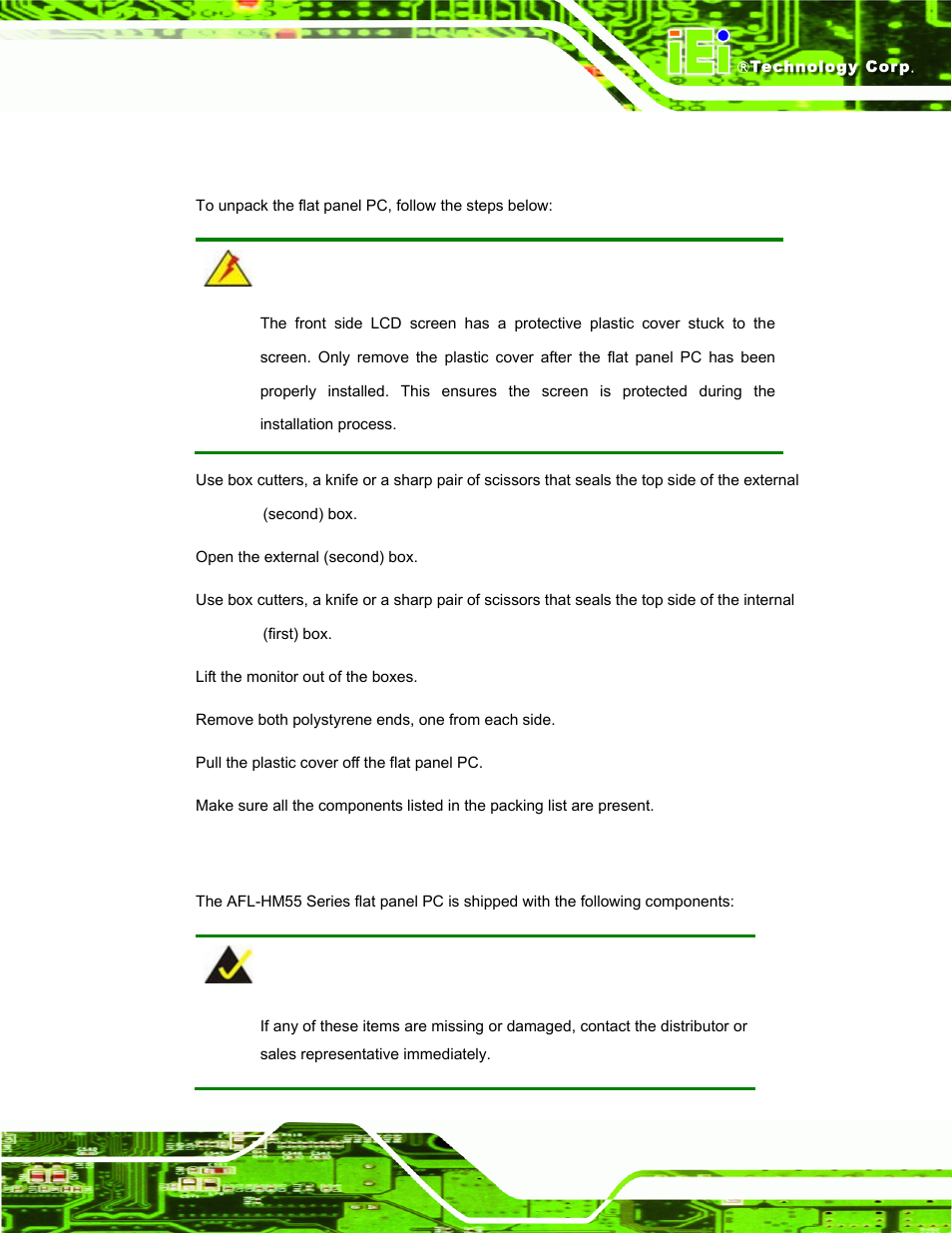 1 unpacking, 1 packing list, Npacking | IEI Integration AFL-19i-HM55 v1.01 User Manual | Page 25 / 139