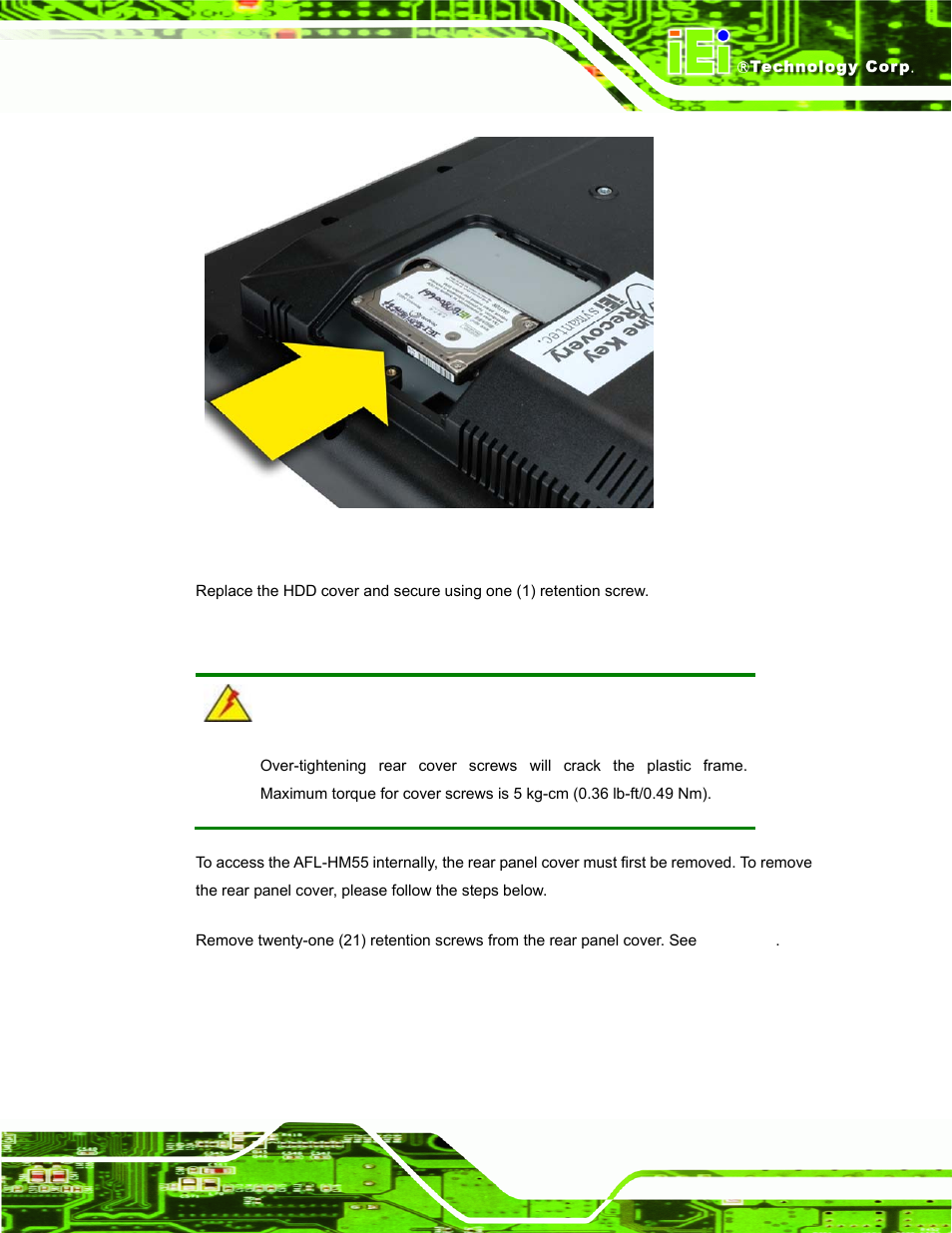 7 removing the rear panel cover, Emoving the, Anel | Over, Figure 3-3: hdd installation | IEI Integration AFL-19i-HM55 v1.01 User Manual | Page 35 / 139