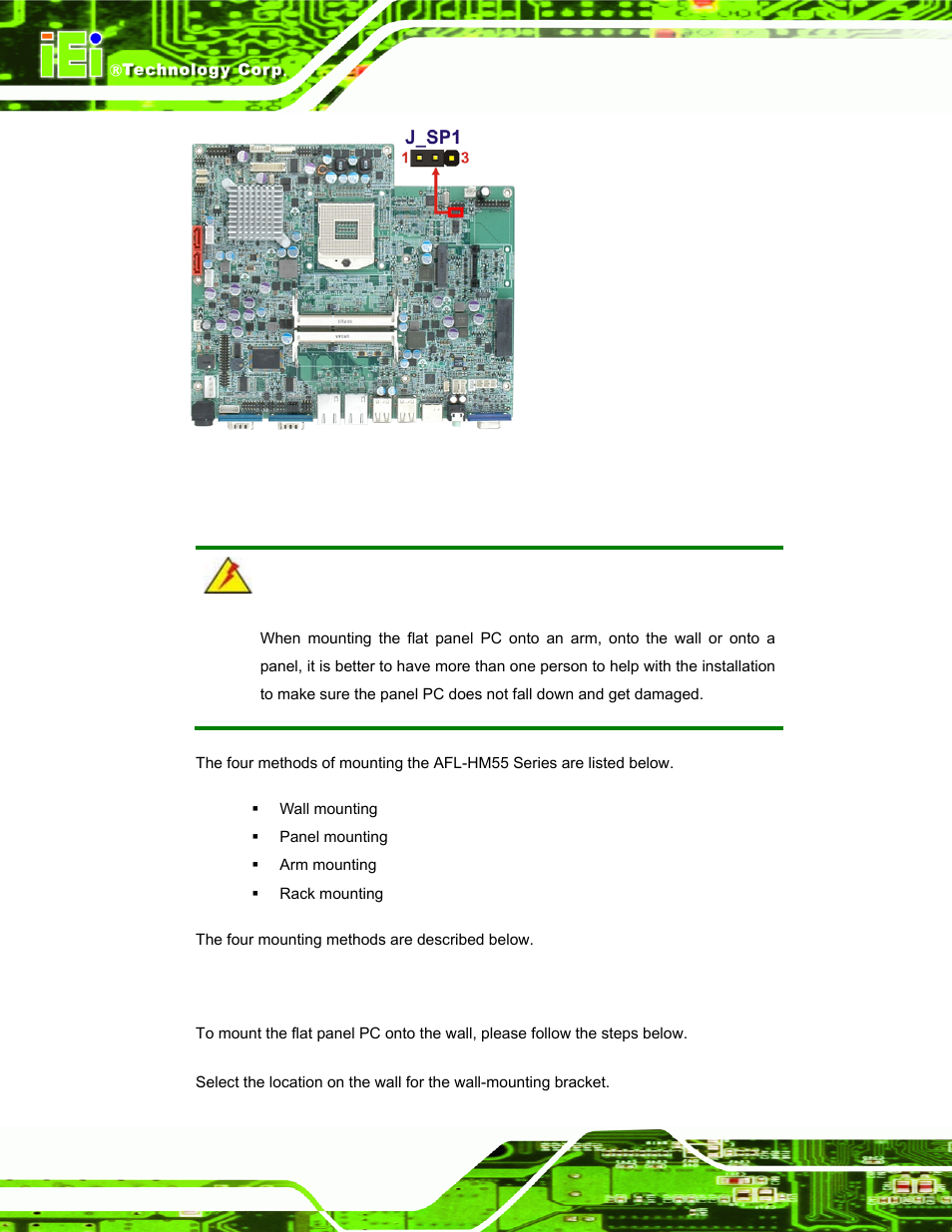 10 mounting the system, 1 wall mounting, Ounting the | Ystem, Figure 3-15: spi jumper location, See figure 3-15, N in figure 3-15 | IEI Integration AFL-19i-HM55 v1.01 User Manual | Page 50 / 139