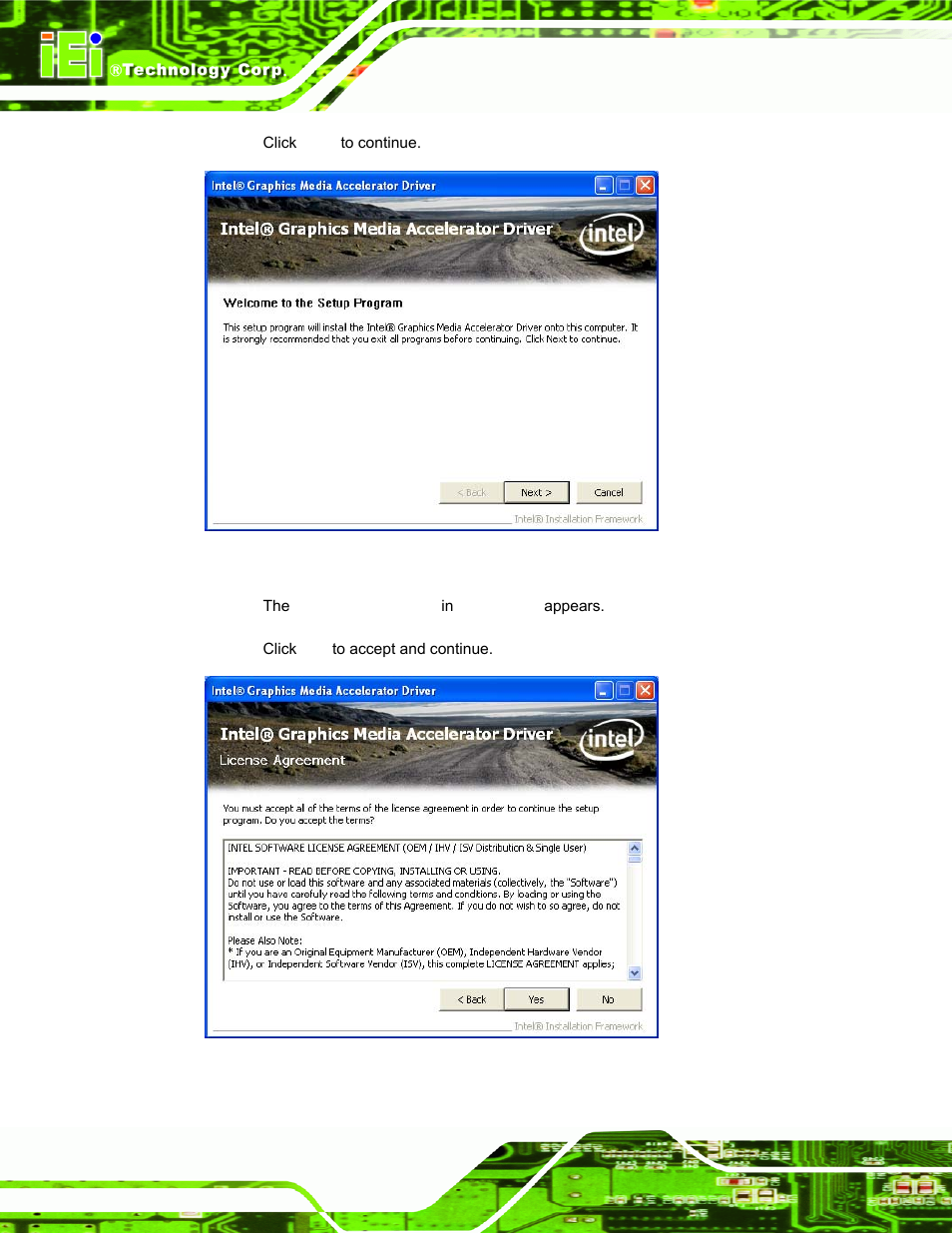 Figure 6-10: vga driver welcome screen, Figure 6-11: vga driver license agreement | IEI Integration AFL-15i-HM55 v1.20 User Manual | Page 103 / 143