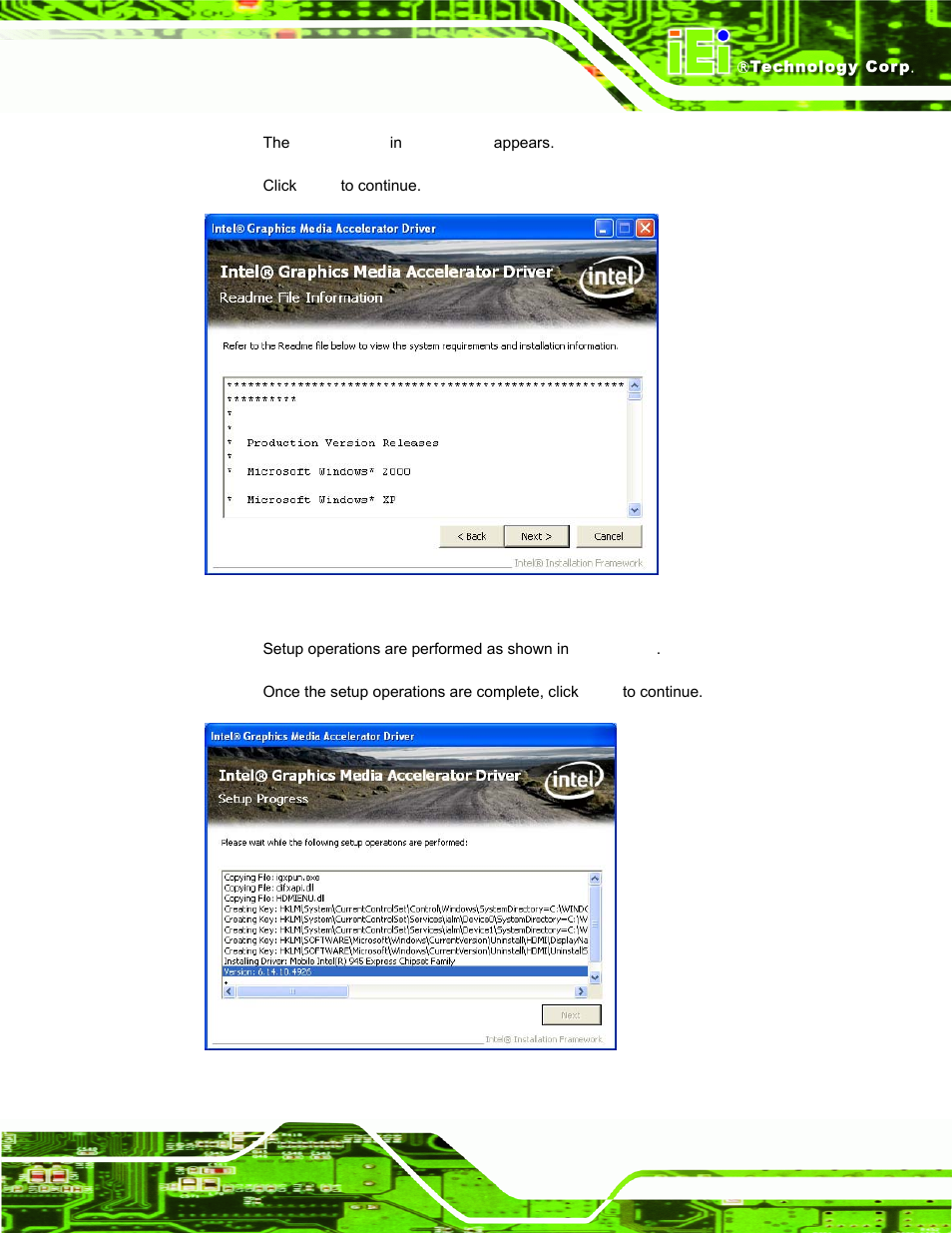 Figure 6-12: vga driver readme file, Figure 6-13: vga driver setup operations | IEI Integration AFL-15i-HM55 v1.20 User Manual | Page 104 / 143