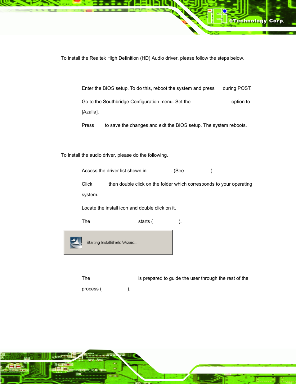 6 audio driver installation, 1 bios setup, 2 driver installation | Udio, River, Nstallation, Figure 6-19: the installshield wizard starts | IEI Integration AFL-15i-HM55 v1.20 User Manual | Page 108 / 143