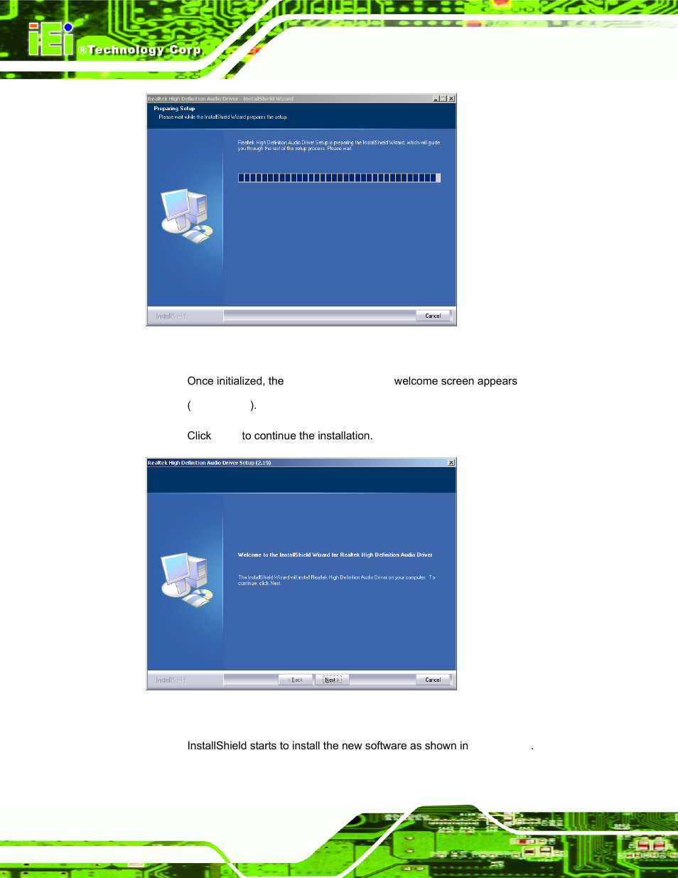 Figure 6-20: preparing setup screen, Figure 6-21: installshield wizard welcome screen, Figure 6-20 ) | IEI Integration AFL-15i-HM55 v1.20 User Manual | Page 109 / 143